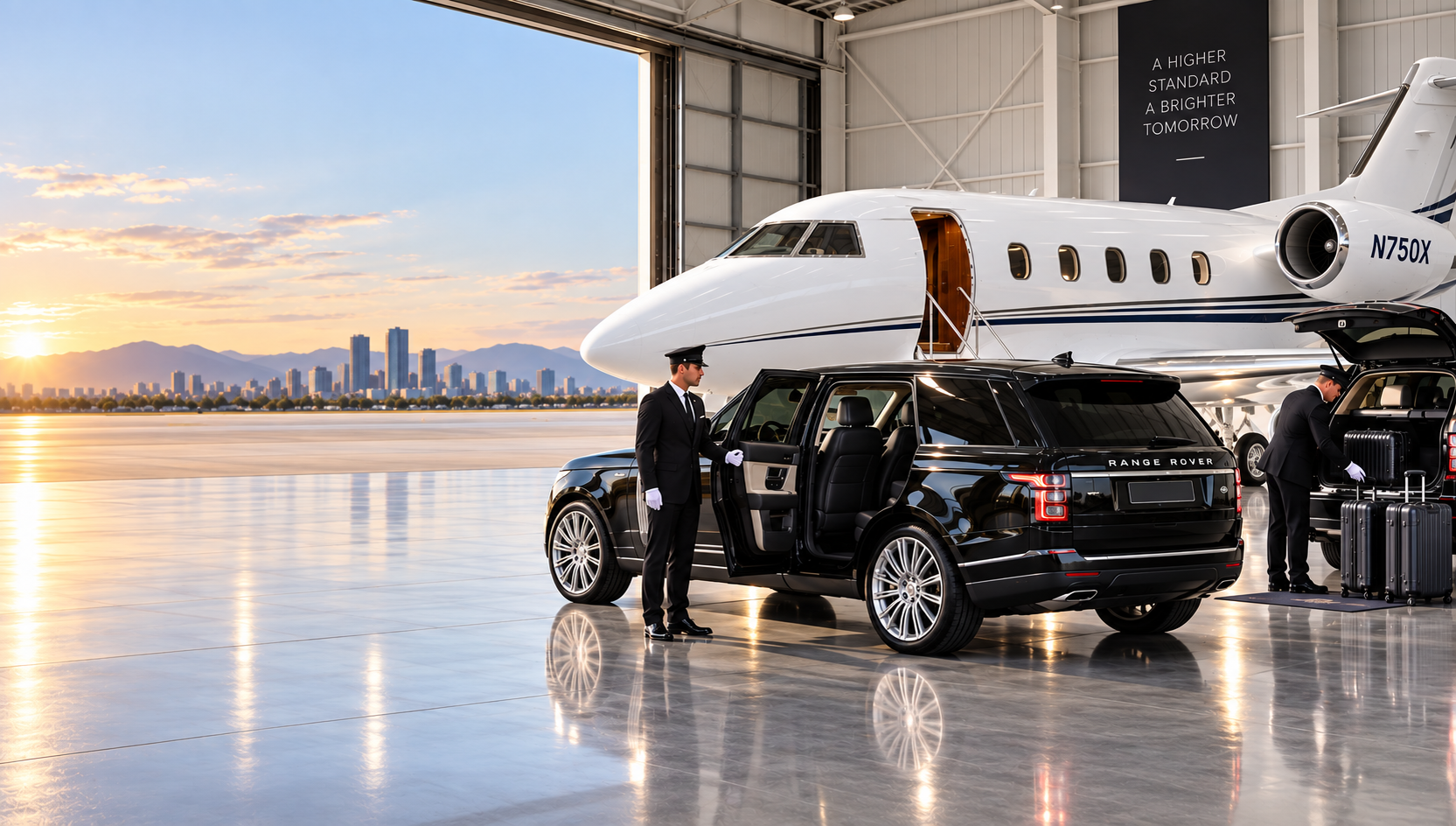 Professional chauffeur service at a private jet hangar with a black luxury SUV