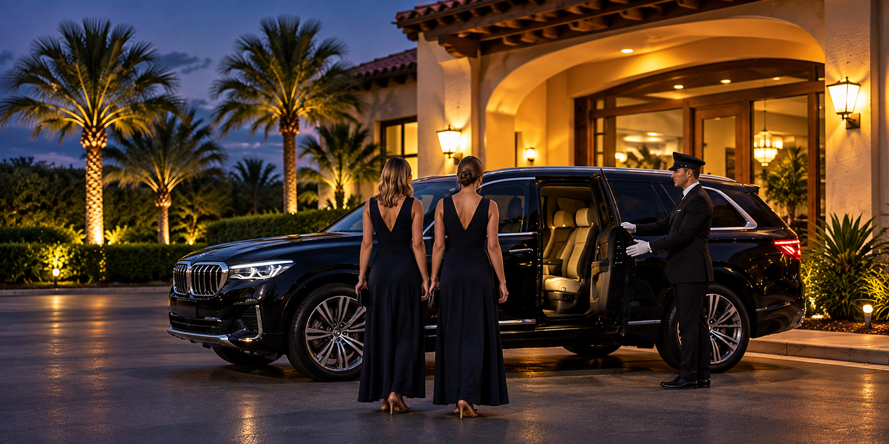 Chauffeur welcoming guests to a black luxury SUV at an evening resort