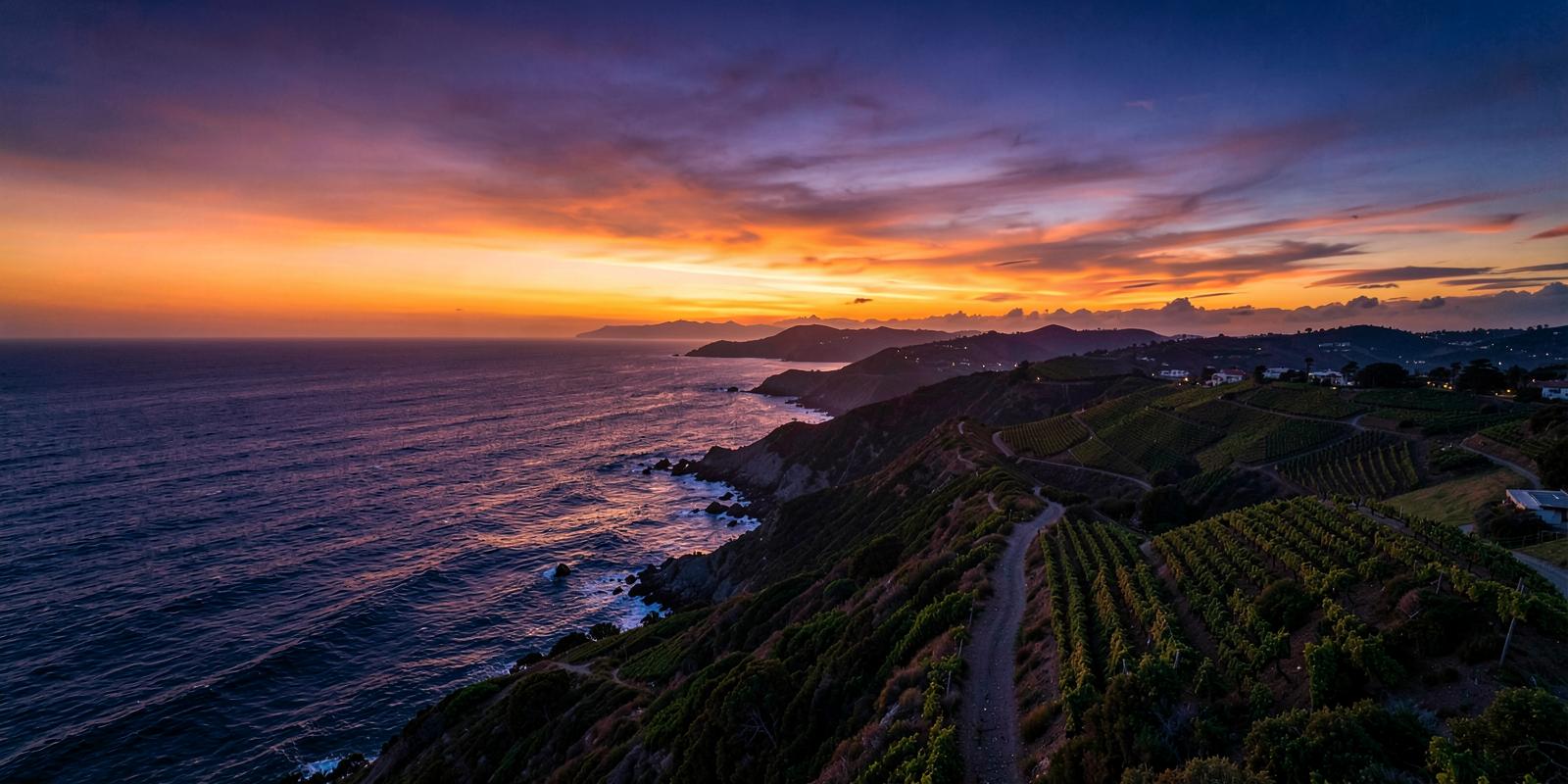 Central Coast vineyards meeting the Pacific at sunset