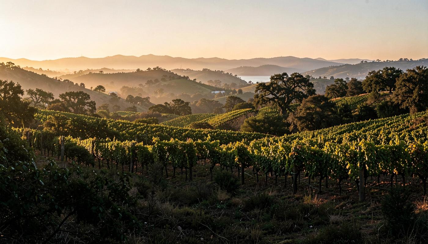 Santa Ynez Valley vineyard hills at golden hour